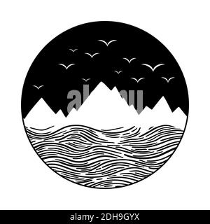 Mountain and sea black on white. Night Wanderlust adventure travel circle icon with stars. Vector illustration.  Stock Vector