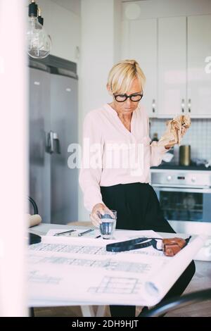 Architect having a standing lunch in kitchen working at home Stock Photo