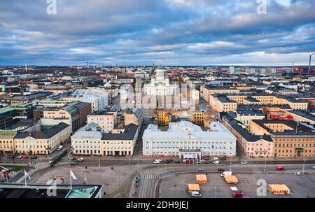 Aerial view of the Kruununhaka Central neighborhood of Helsinki, Finland. View of Helsinki City Hall, Helsinki Cathedral, Senate Square, and over plac Stock Photo