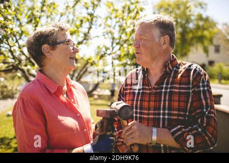 Happy senior couple holding hammers while looking at each other during sunny day in yard Stock Photo