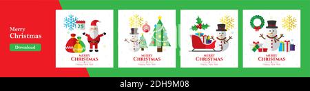 Vector Christmas illustration, santa, christmas and holiday background. Design of bell, stocking, christmas tree, reindeer, present, Santa Claus, snow Stock Vector