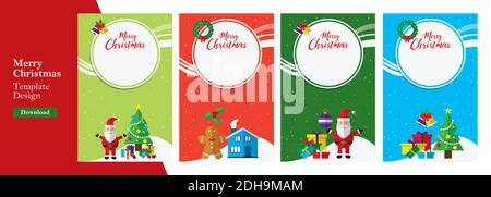 Vector Christmas illustration, santa, christmas and holiday background. Design of bell, stocking, christmas tree, reindeer, present, Santa Claus, snow Stock Vector