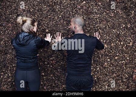Directly above shot of couple doing plank exercise in forest Stock Photo