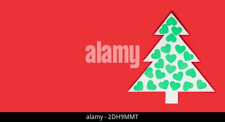 Paper cut Christmas trees and a heart on a red background. Creative design of christmas background with paper fir tree. paper craft. Stock Photo