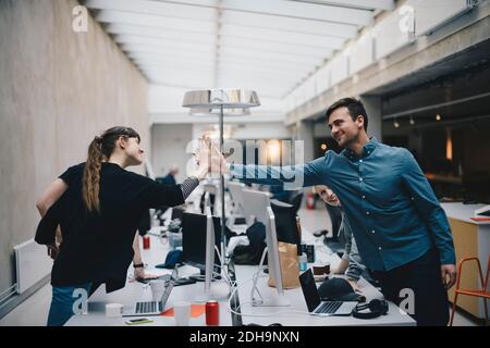 Male and female computer programmers giving high-five over desk in office Stock Photo