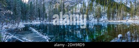 Panorama view of Lower Grassi Lakes in winter season. The reflection of the lake surface like a mirror. Canmore, Alberta, Canada.