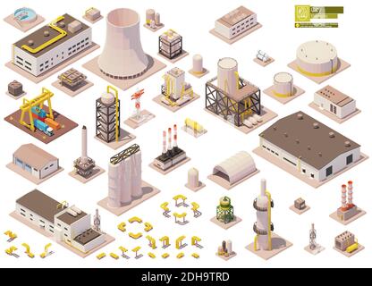 Vector isometric factory buildings and machinery set Stock Vector