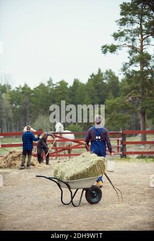 Farmer walking towards sons working by fence in farm Stock Photo