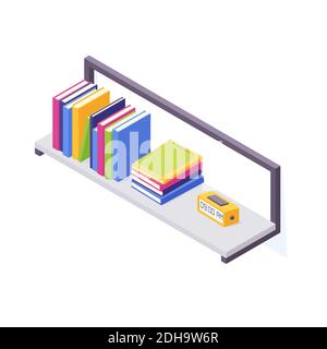 Books on shelf in isometric vector illustration. Stock Vector