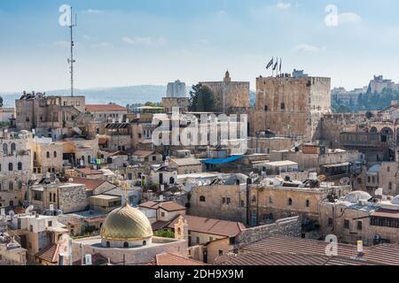 Aerial view of the old city of Jerusalem with The Tower of David in ancient Jerusalem Citadel, View from the Lutheran Church of the Redeemer. Stock Photo