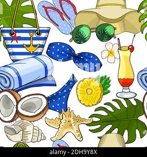 Summer beach seamless pattern. Vector hand drawn illustration Stock Vector