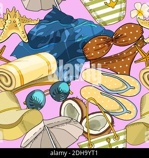 Summer beach seamless pattern on pink background. Vector hand drawn illustration Stock Vector