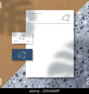 Business Cards and Letterhead on Terrazzo Pattern Tile and Wooden Surface Background with a Monstera Palm Leaves Shadow Overlay. Realistic Vector Stock Vector