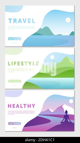 Cartoon flat healthy lifestyle traveling concept collection with mountain lake natural scene, active athlete running, yogist doing yoga asana in Stock Vector