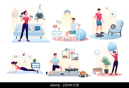 Sport exercise at home set, workout with ball, dumbbell Stock Vector