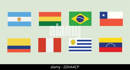 Set of Eight South American Flags on grey background. Stock Vector
