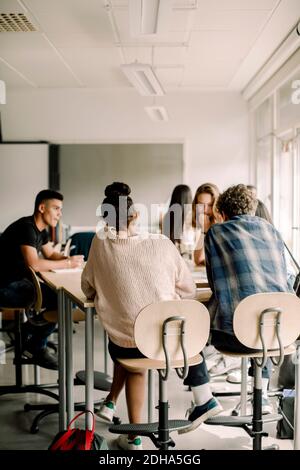 Rear view of teenage students studying by table in classroom Stock Photo
