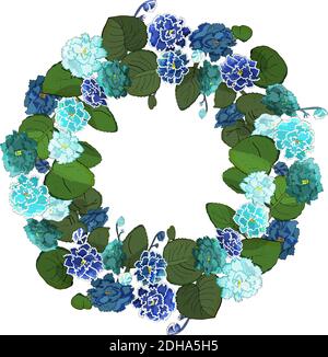 Hand drawn floral round frame with blue flowers. African Violet Flowers. Vector, isolated on white background. Stock Vector
