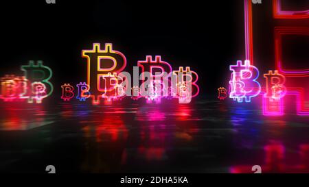 Bitcoin symbol, crypto currency money business, security, mining icon neon loop concept. Futuristic abstract 3d rendering illustration. Stock Photo