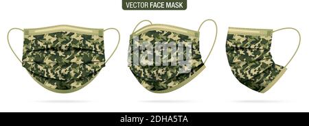 Camo face mask, vector set. Army camouflage protective masks, from different angles isolated on white. Virus, and flu protection military pattern mask, in a front, three-quarters, and side views. Stock Vector