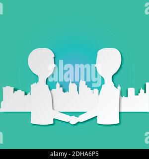 Vector businessman hand shake on cut paper with shadow isolated on green background. Paper art. Business concept. Stock Vector