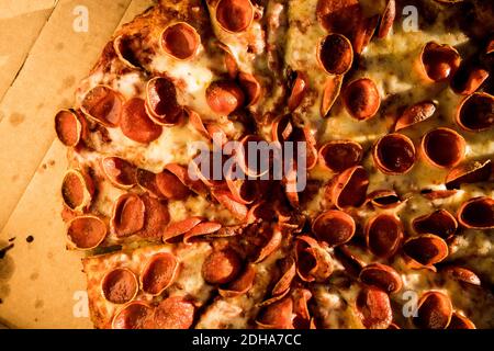 Large Pepperoni Pizza Delivered (overhead) Stock Photo