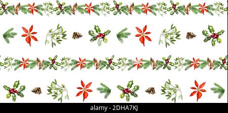Vector seamless pattern with cone, fir branches, Holly, poinsettia, caramel cane, mistletoe isolated on white. Traditional christmas symbols Stock Vector