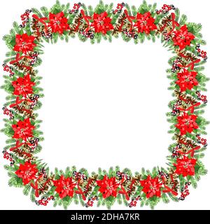 Vector christmas and New Year template with poinsettias, fir branches, berries isolated on white. For festive decoration, announcements, cards, invita Stock Vector