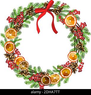 Vector wreath with traditional symbols of new year and Christmas isolated on white. For festive decoration, announcements, cards, invitations, posters Stock Vector
