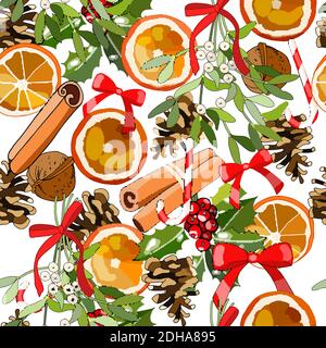 Vector seamless festive pattern with cinnamon stick, dried orange, cone, sugar cane, Holly, mistletoe, nuts. Traditional christmas symbols. Stock Vector