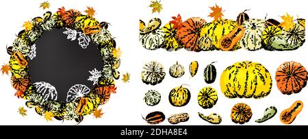 Vector autumn set of Pumpkins and leaves isolated on white background. Stock Vector