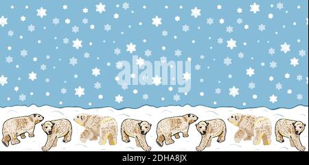 Seamless horizontal pattern with polar bears, drifts, stars and snowflakes on the blue and white background. Vector illustration. Stock Vector