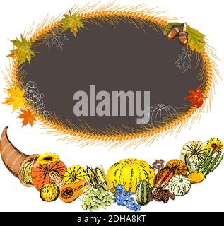 Template with outline, turkey, pumpkin pie, cornucopia, colorful pumpkins, other vegetables, fruits, berryes, and autumn leaves. Vector illustration. Stock Vector