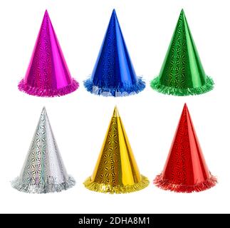 Colorful party hats set Different festive headwear . Cone shaped cardboard head wear isolated on white background. Birthday celebration accessory Stock Photo