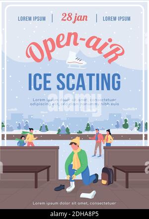 Open air ice skating poster flat vector template Stock Vector
