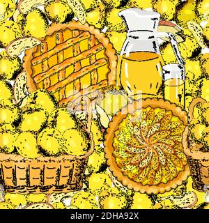 Endless texture with apples, apple juice, apple slices. The theme of autumn, Pie Day, harvest and thanksgiving. For restaurant and cafe designs. Stock Vector