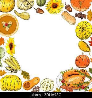 Autumnal card for thanksgiving or seasonal design with pumpkins isolate on white. Stock Vector