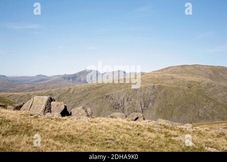 Scafell Pike and Scafell viewed from Goat's Hawse between Dow Crag and The Old Man of Coniston Lake District Cumbria England Stock Photo