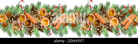 Seamless border with cinnamon sticks, dried oranges, caramel cane, walnut, cones, spruce branches isolated on white. For festive decoration, announcem Stock Vector