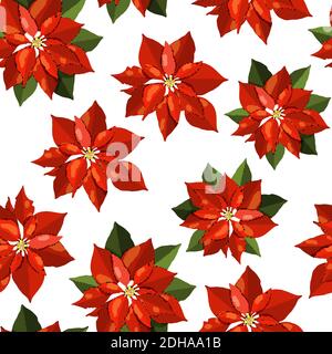 Seamless festive pattern with traditional Christmas poinsettia. Endless texture for Christmas design, fabrics, wallpapers, greeting cards, wrappings. Stock Vector