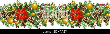 Vector seamles border wreath with poinsettia,fir cone, spruce branches, Christmas balls isolated on white. For festive decoration, announcements, card Stock Vector