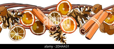 Seamless border with cinnamon sticks, dried oranges, walnut, cones isolated on white. For festive decoration, announcements, cards, invitations, poste Stock Vector