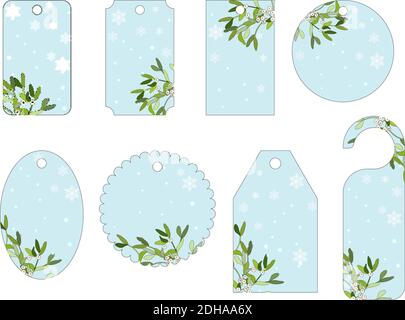 Vecror set of Christmas gift tags with mistletoe and snow. Different shapes. Stock Vector