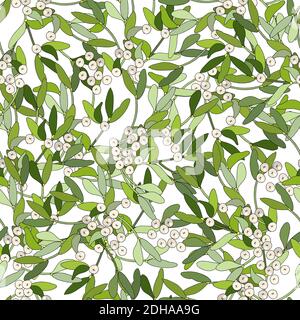 Seamless festive pattern with traditional Christmas mistletoe. Endless texture for Christmas design, fabrics, wallpapers, greeting cards, wrappings. Stock Vector