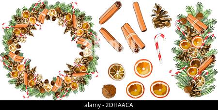 Vector Round Christmas wreath with cinnamon sticks, dried oranges, caramel cane, walnut, cones, spruce branches isolated on white. For festive decorat Stock Vector
