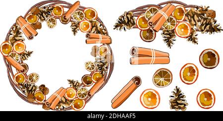 Vector Round Christmas wreath with cinnamon sticks, dried oranges, walnut, cones isolated on white. For festive decoration, announcements, cards, invi Stock Vector