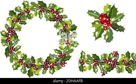 Round traditional Christmas wreath with holly isolated on white. Endless horisontal pattern brush. Vector frame for your design, announcements, postca Stock Vector