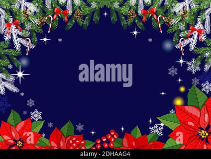 Traditional Christmas template with mistletoe, fir cone, spruce branches, snowflakes isolated on white. Stock Vector
