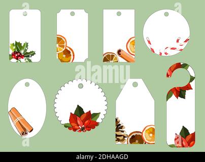 Vector Christmas set of gift tags with dried orange, cinnamon stick, candy cane, poinsettia, Holly, cone. Stock Vector