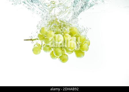 Fresh Muscat white Grapes Falling Into Water, Isolated on White Background Stock Photo